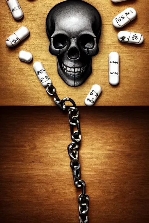 Image similar to pile Off pills, drugs, cigarrette boxes and a skull on a wooden table, skull made out of smoke coming out of pills, fantasy, intricate, elegant, highly detailed, digital painting, artstation, concept art, addiction, chains, smooth, sharp focus, illustration, art by Ilja Repin