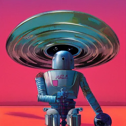 Image similar to a lone Android, wearing a flamingo print bucket hat, by John Harri and Michael Whelan and John Berkey and Robert McCall and Chris Foss and Chris Moore and Vincent Di Fate and Rafał Olbiński and Jim Burns