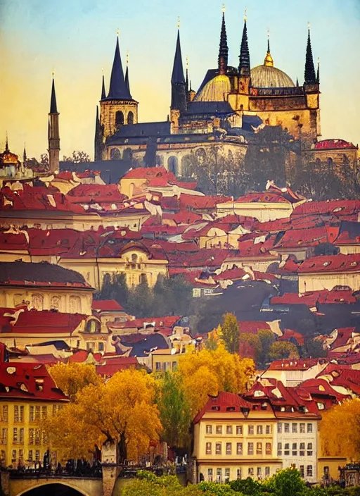 Prompt: painting of beautiful shot of Royal medieval European city like Prague mixed with Istanbul like Islamic architecture with greenery all around , autumn colors