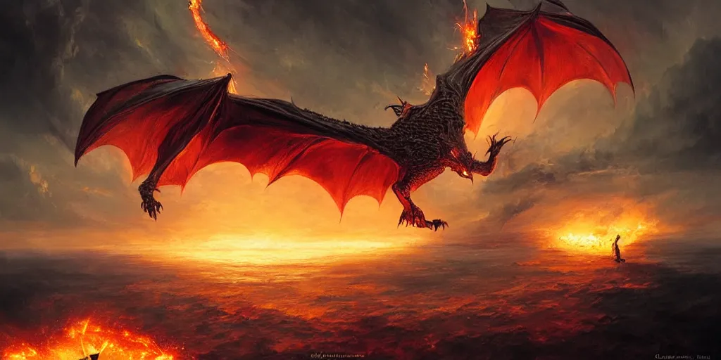 Image similar to Sauron flying in front of the Eye of Souron, a dragon throwing fire, backlighting, oil painting, by Greg Rutkowski