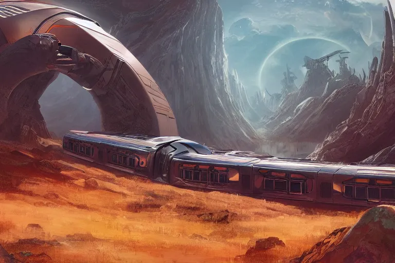 Prompt: a futuristic train riding through alien landscape, hyperdetailed, artstation, by Feng Zhu