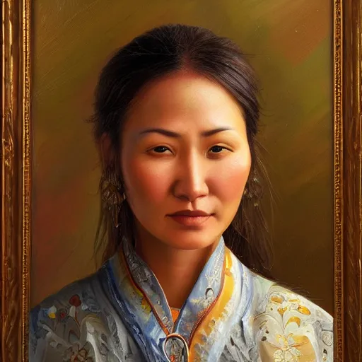Image similar to portrait of an kyrgyzstani woman ( 3 5 ) from kyrgyzstan in 2 0 2 1, an oil painting by ross tran and thomas kincade