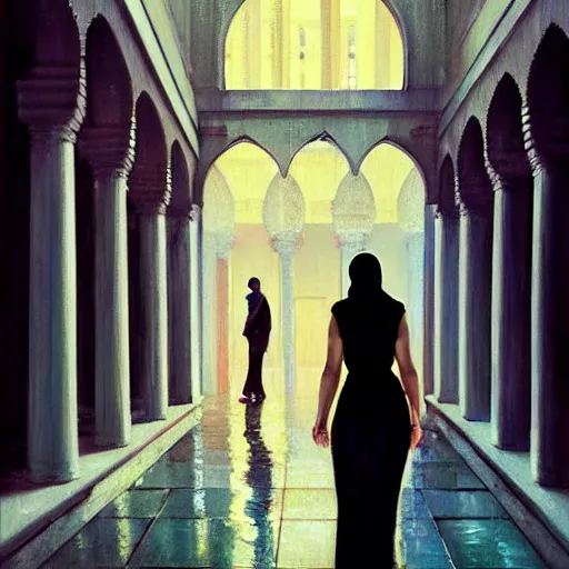 Prompt: action moment, beautiful woman portrait, courtyard, capital, cyberpunk mosque interior, control panel, watcher, omniscient, tech noir, wet reflections, impressionism, atmospheric, ambient, speed painting, livia prima, edward hopper