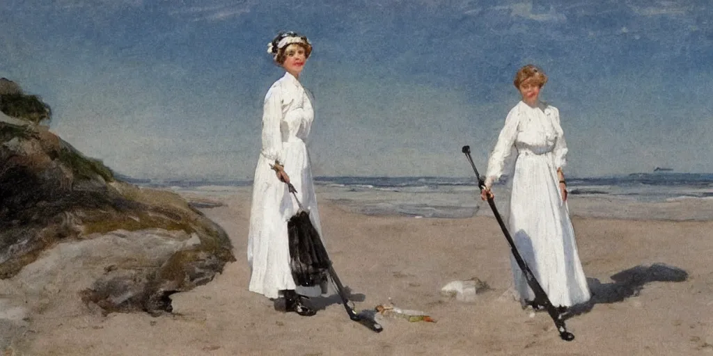 Image similar to A young Edwardian woman wearing a white dress, uses a metal detector on a beach in Sweden, in the style of Anders Zorn