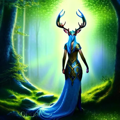 Image similar to beautiful hyper realistic elven, celestial highly detailed magic stag, in a beautiful highly detailed forest background. blue light. sunlight rays throught the trees. intricate, elegant, fantasy art, concept art 8 k rendering.