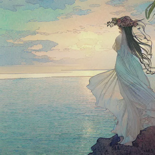 Prompt: a beautiful intricate watercolor illustration of a beach landscape view, 4 k, ultra - wide angle, by william turner, by victo ngai, by alphonse mucha, by miho hirano, hd, trending on artstation, hyper detailed, muted colors, inspiring, beautiful, paradisiac