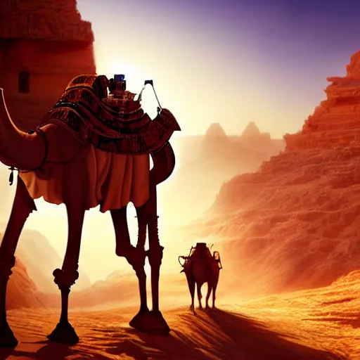 Prompt: an african moor wearing white robes riding a robot camel through the valley of the kings, by greg rutkowski and android jones, oil on canvas, 8k, synthwave sunset