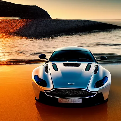 Image similar to the sea reflecting on an Aston Martin, 8k resolution, hyper detailed, ray tracing, sunset
