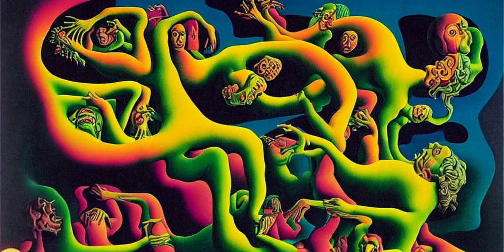 Image similar to basilisk, pain, pleasure, suffering, adventure, ( ( ( psychedelic dripping color ) ) ) love, abstract oil painting by mc escher and salvador dali gottfried helnwein