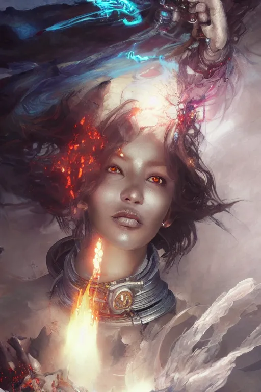 Image similar to torso closeup beautiful girl necromancer, witch - doctor exploding into space casting spell, angels, 3 d render, hyper - realistic detailed portrait, holding fire and electricity, ruan jia, wlop. scifi, fantasy, magic the gathering, hyper detailed, octane render, concept art, peter mohrbacher