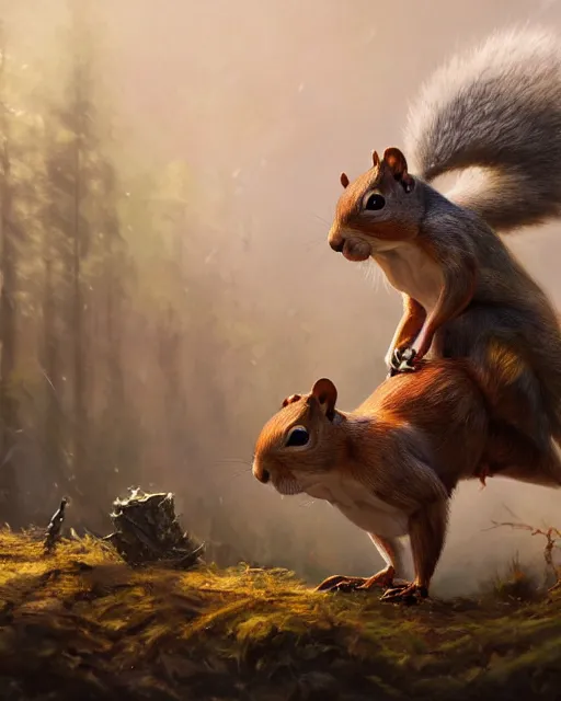 Image similar to oil painting of Anthropomorphized Squirrel attacking, wearing armor, wearing war paint, sharp focus, fantasy style, octane render, volumetric lighting, 8k high definition, by greg rutkowski, highly detailed, trending on art Station, magic the gathering artwork, magical forest backround, centered