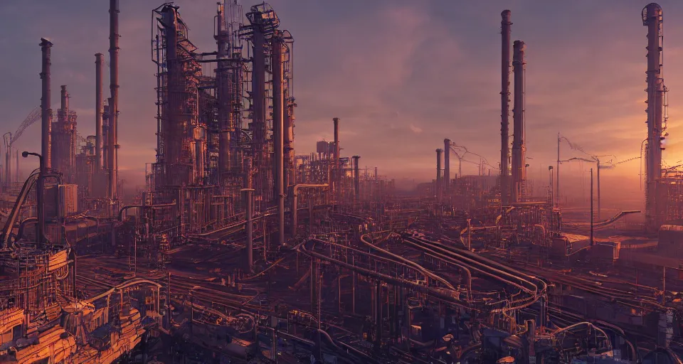 Image similar to Industrial complex , hyperdetailed, artstation, cgsociety, golden hour 8k