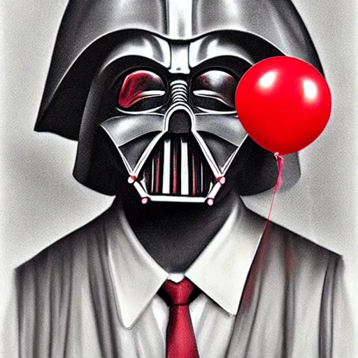 Prompt: surrealism grunge cartoon portrait sketch of darth vader with a wide smile and a red balloon by - michael karcz, loony toons style, clown style, horror theme, detailed, elegant, intricate