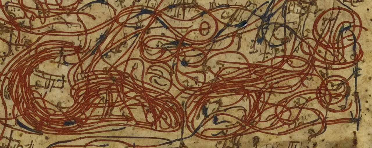 Ancient manuscripts detailing spaghetti in the style stable
