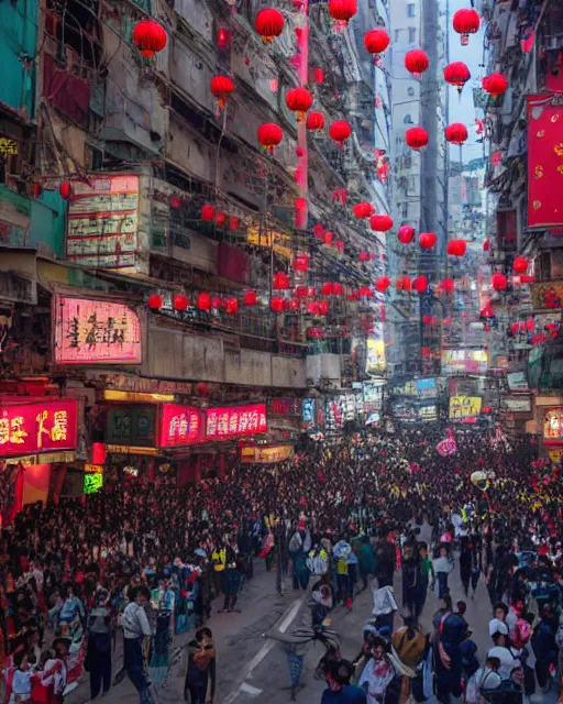 Image similar to chinese new year decoration, chinese new year parade, crowd of people, street, poor buildings, hong kong buildings, kowloon, slums, cyberpunk, ghost in the shell, dramatic lighting, trending on Artstation, 8k, highly realistic, hyper detailed, unreal engine 5, IMAX quality, realistic, cinematic, epic lighting, realistic, Matte Painting, masterpiece,