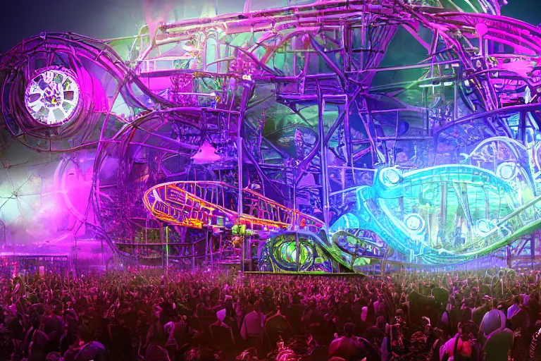 Prompt: an outdoor festival stage, neon letters tripmachine, center of the stage is a big futuristic steampunk generator with gears and belts and tubes, surrounded by a rollercoaster with a steam train, rock musicians on the stage, laser show, 8 k, fluorescent colors, halluzinogenic, multicolored, exaggerated detailed, unreal engine