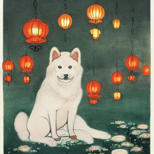 Prompt: portrait of a sitting red akita inu dog in a moonlit garden surrounded by floating lanterns, by warwick goble and kay nielsen