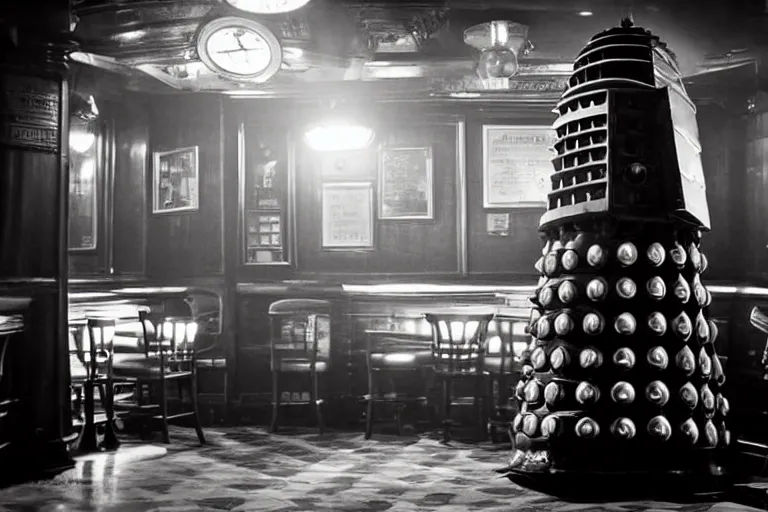 Image similar to photograph of a dalek in a traditional london pub, highly detailed, dramatic lighting, intense shadows, rich deep colours