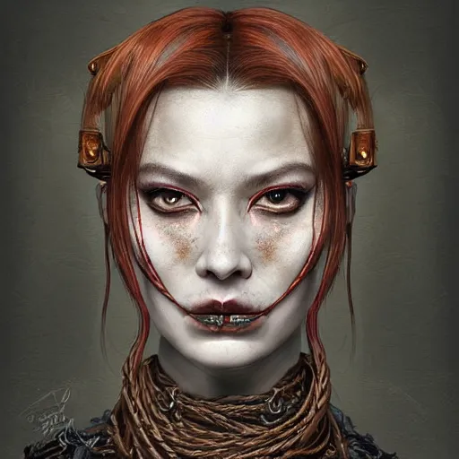 Image similar to portrait of a Shibari rope wrapped face and neck, headshot, insanely nice professional hair style, dramatic hair color, digital painting, of a old 15th century, old cyborg merchant, amber jewels, baroque, ornate clothing, scifi, realistic, hyperdetailed, chiaroscuro, concept art, art by Franz Hals and Jon Foster and Ayami Kojima and Amano and Karol Bak,