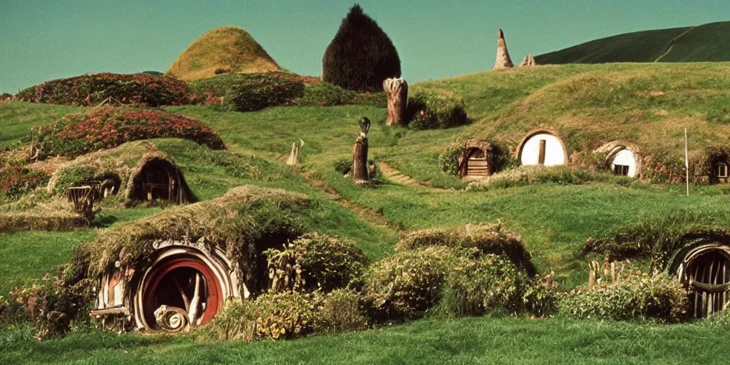 Image similar to A full color still from a Stanley Kubrick film featuring Hobbiton with windows, doors, and chimneys built into the hills, 35mm, 1975