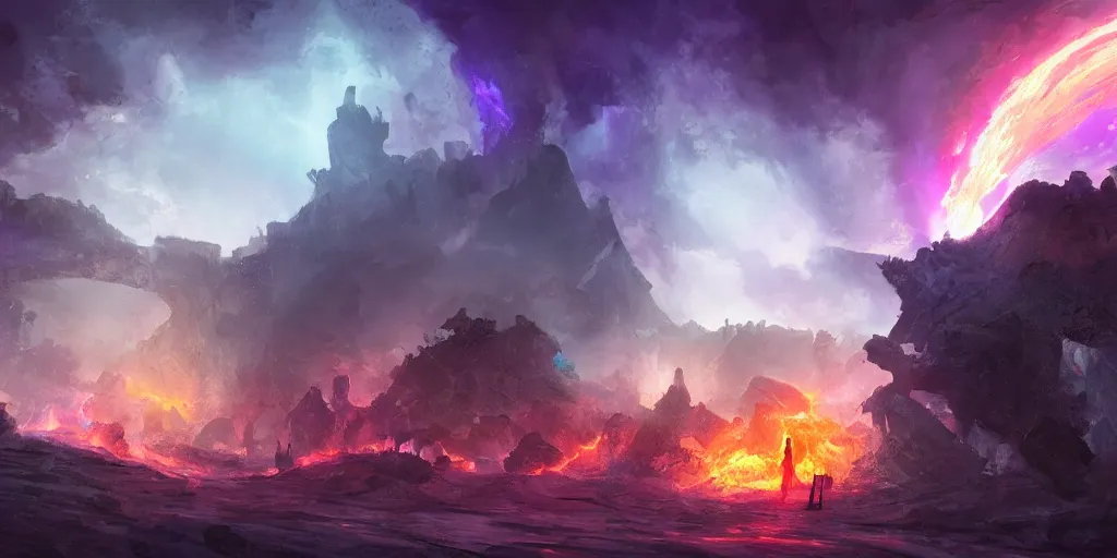 Image similar to one small male silhouette standing in the ruins of crux prime, purple fiery maelstrom in the distance, digital art, artstationhq