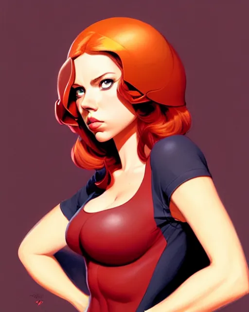 Prompt: peter mohrbacher, phil noto, artgerm, pretty scarlett johansson as april o'neil, symmetrical eyes, short red hair