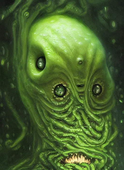 Image similar to portrait of green noise an amorphous blob, slimy alien creature with hundreds of eyes, eyes!!!!!, it has several human arms out stretched to grab me. painted by greg rutkowski, wlop,,