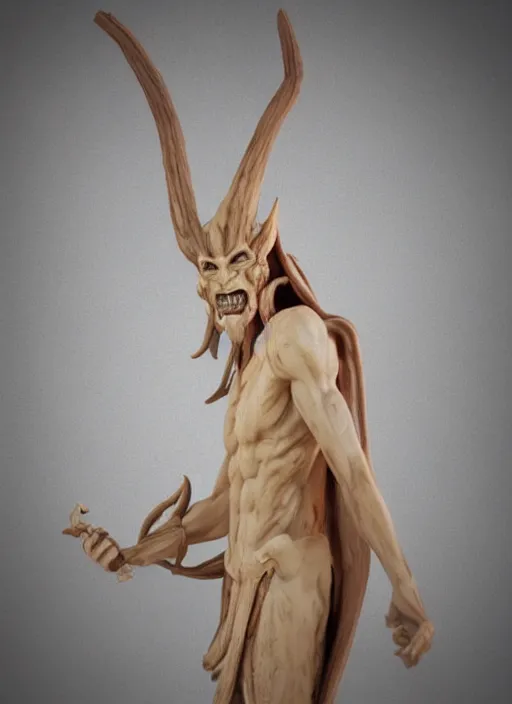 Image similar to an octane render of a ritualistic demon statuette, made of wood and ivory, volumetric lighting, beautiful design, hd render,