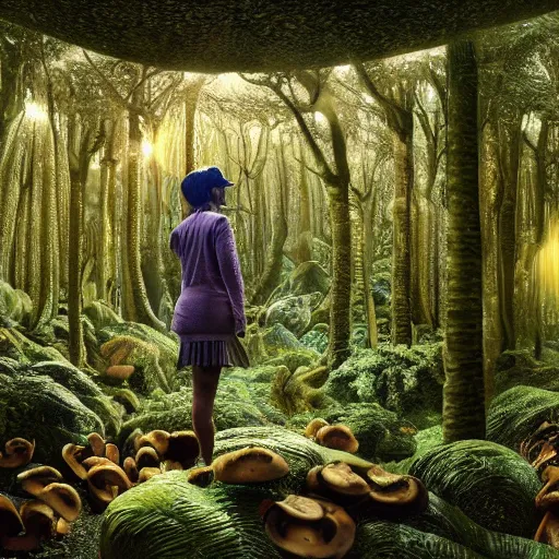 Image similar to extra wide view. person made of mushrooms standing in a marvelous magic forest jungle inhabited with fantastic creatures. iridescent. annihilation. hyper - detailed. hyperreal. unreal render.