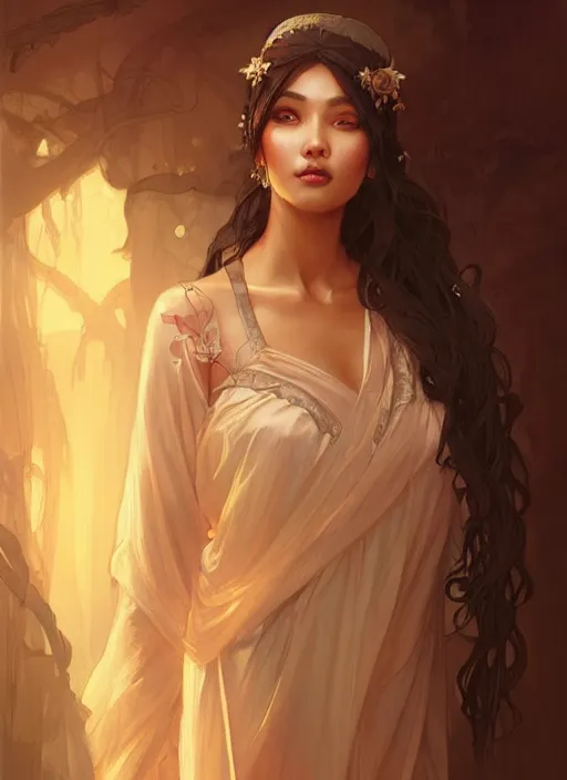 Prompt: cute brown woman wearing a transparent night gown and hanfu face veil, fantasy, intricate, highly detailed, digital painting, artstation, concept art, wallpaper, smooth, sharp focus, illustration, art by artgerm and greg rutkowski and alphonse mucha