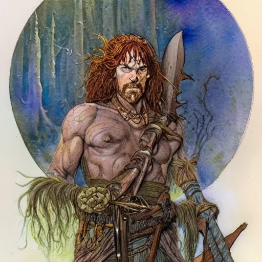 Prompt: a realistic and atmospheric watercolour fantasy character concept art portrait of andy mccoy as a druidic warrior wizard looking at the camera with an intelligent gaze by rebecca guay, michael kaluta, charles vess and jean moebius giraud