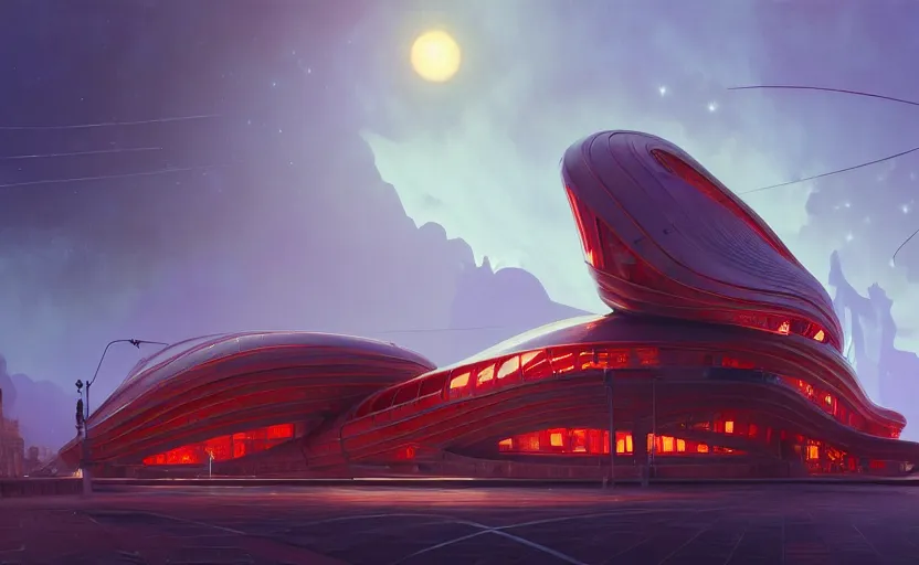 Image similar to exterior shot of utopian architecture red building with cinematic lighting by zaha hadid and renzo piano, darek zabrocki and greg ruthkowski, alphonse mucha, simon stalenhag, cinematic, stars, beautiful, holy place, paradise, scifi, futurism, atmospheric, concept art, artstation, trending on artstation