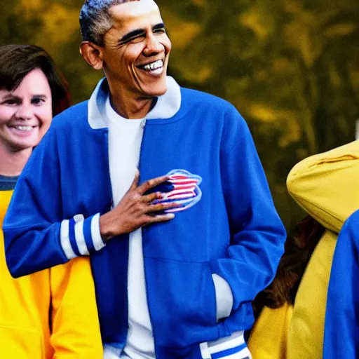 Image similar to realistic photo of casual barack obama wearing a royal blue varsity jacket with yellow sleeves