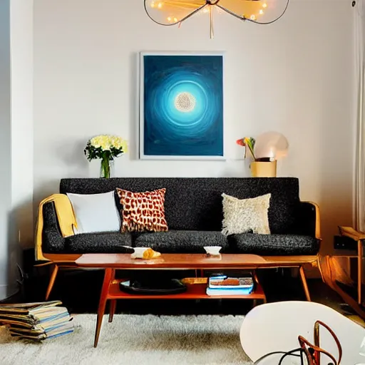 Prompt: painting of cozy mid century modern living room, artgerm