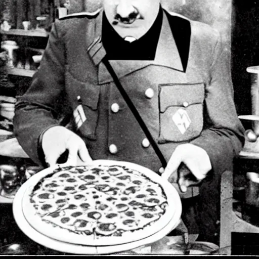 Image similar to hitler making a pizza wearing a pizza man uniform with a swastika on it, photo