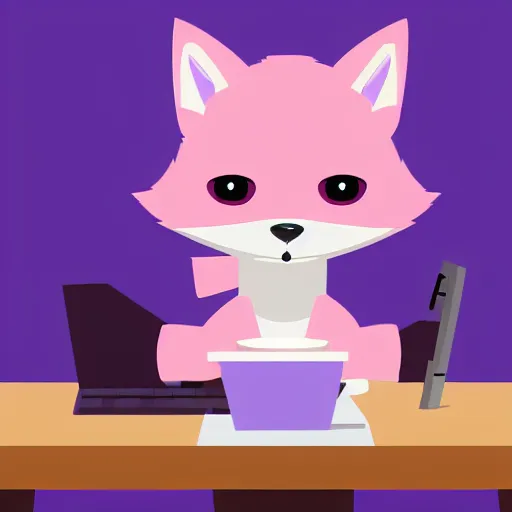 Prompt: A light pink fox with purple hair sits at a desk typing on a laptop with a cup of coffee, digital furry art, furry fandom