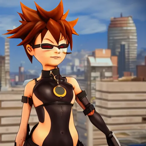 Prompt: tracer, standing on rooftop, wearing spiked choker, 4 k, detailed, smiling at camera, detailed eyes, confident stance, detailed face, feminine face, burning exploding city in background