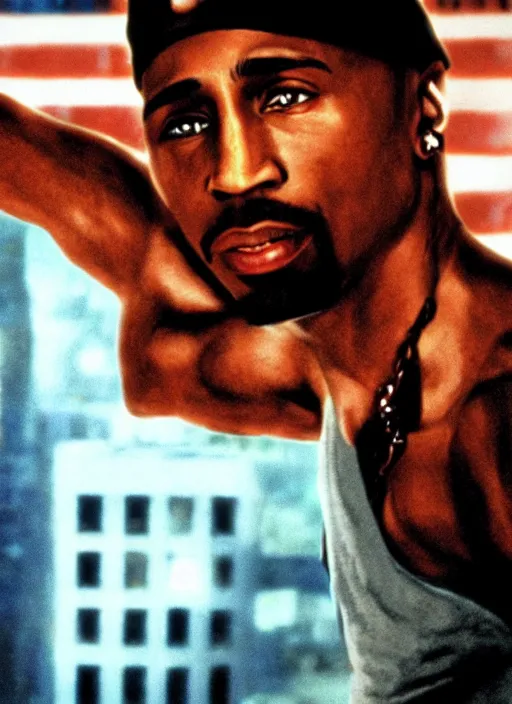 Image similar to film still of Tupac as John McClane in Die Hard, 4k