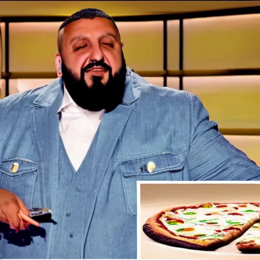 Image similar to DJ khaled dancing and holding ice cream and a slice pizza