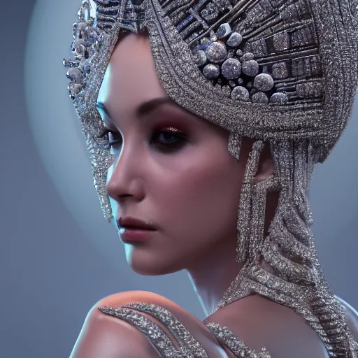 Prompt: full body detailed, ethereal, human body, covered in diamonds and other gems glowing, highly detailed face, elegant posed, intricate, extremy detailed, beeple, cgsociety, 3 d unreal engine octane render. cinematic lighting, highly detailed 4 k art