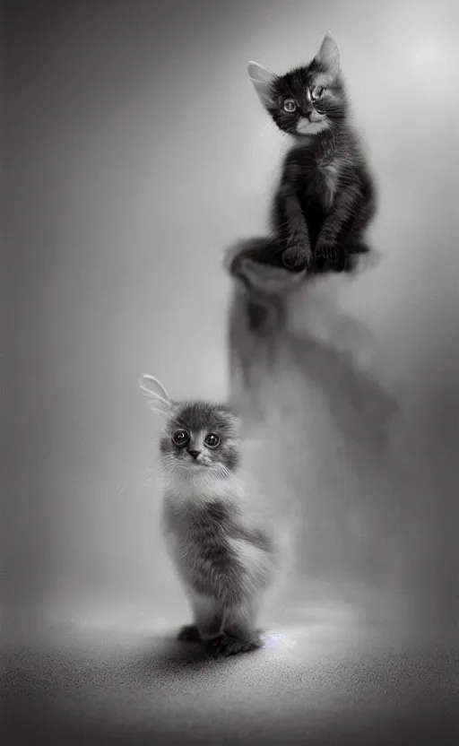 Image similar to Award winning Editorial photo of an adorable kitten standing on the back of a calm and happy duckling by Edward Sherriff Curtis and Lee Jeffries, 85mm ND 5, perfect lighting, gelatin silver process