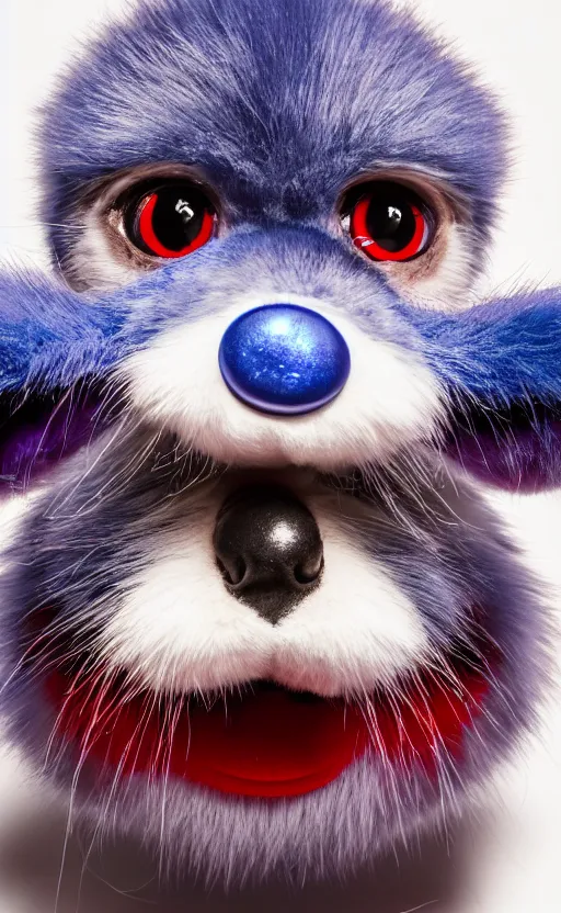 Prompt: An award winning photograph of a blue-eyed furry creature, red fur, with a large purple mustache, large eyes, bubbles in the air, wheels for hands, studio lighting, medium shot, Sigma 85mm, 8k