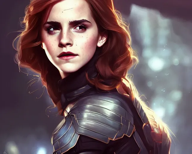 Image similar to photography of emma watson as black widow, deep focus, d & d, fantasy, intricate, elegant, highly detailed, digital painting, artstation, concept art, matte, sharp focus, illustration, hearthstone, art by artgerm and greg rutkowski and alphonse mucha