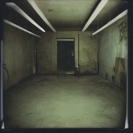 Prompt: dark concrete room with a tv on the ground, the tv has a face obscured by static on a dark background, creepy, eerie, old polaroid, expired film,