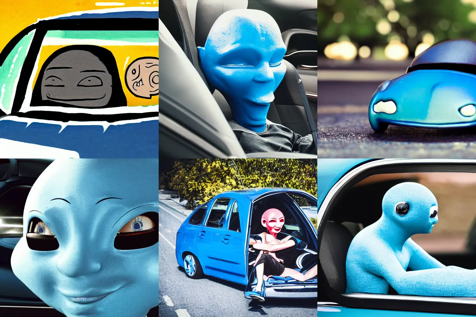 Prompt: blue alien with giant head taking a nap in a black car