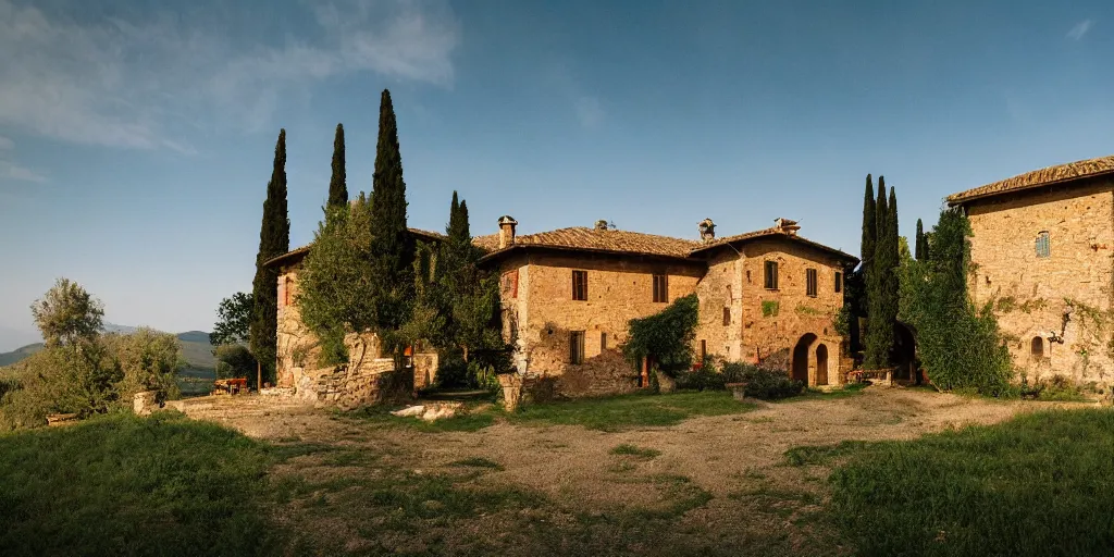 Image similar to a rustic medieval villa, beautiful tuscany landscape, cinematic, bokeh, kodak gold 2 0 0, unreal engine