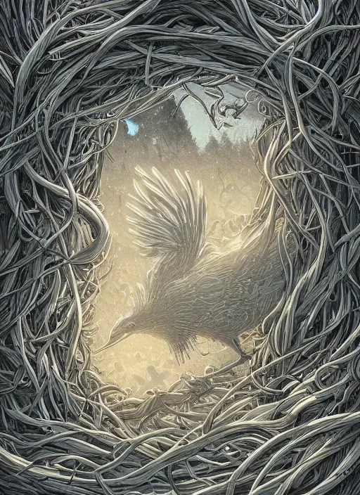 Image similar to nest on human head, nest like a wreath, cruelty, black crows, light effect, hyper detailed, intricate, elegant, highly detailed, digital painting, artstation, concept art, matte, sharp focus, illustration, by dan mumford, yusuke murata, makoto shinkai, ross tran