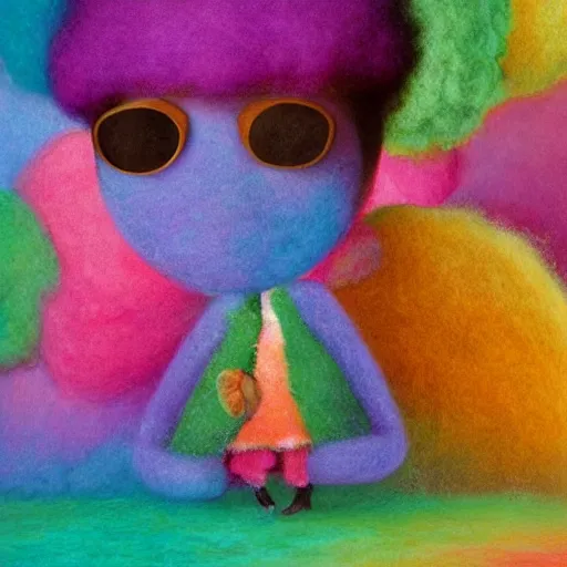 Prompt: a black girl with a colorful afro in a candy forest at night, bokeh, bright colours, watercolor, volumetric wool felting, macro photography, children illustration, by goro fujita