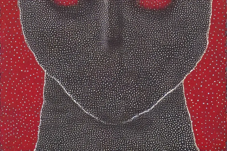 Image similar to face made out of mist, faceless people dark, dots, drip, stipple, pointillism, technical, abstract, minimal, style of francis bacon, asymmetry, pulled apart, cloak, hooded figure, made of dots, abstract, balaclava, red dots