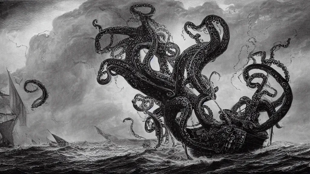 Prompt: drawing of a giant octopus attacking a pirate ship in a stormy ocean, by gustave dore, nineteenth century, black and white, vintage, science fiction, epic composition, dramatic lighting, highly detailed